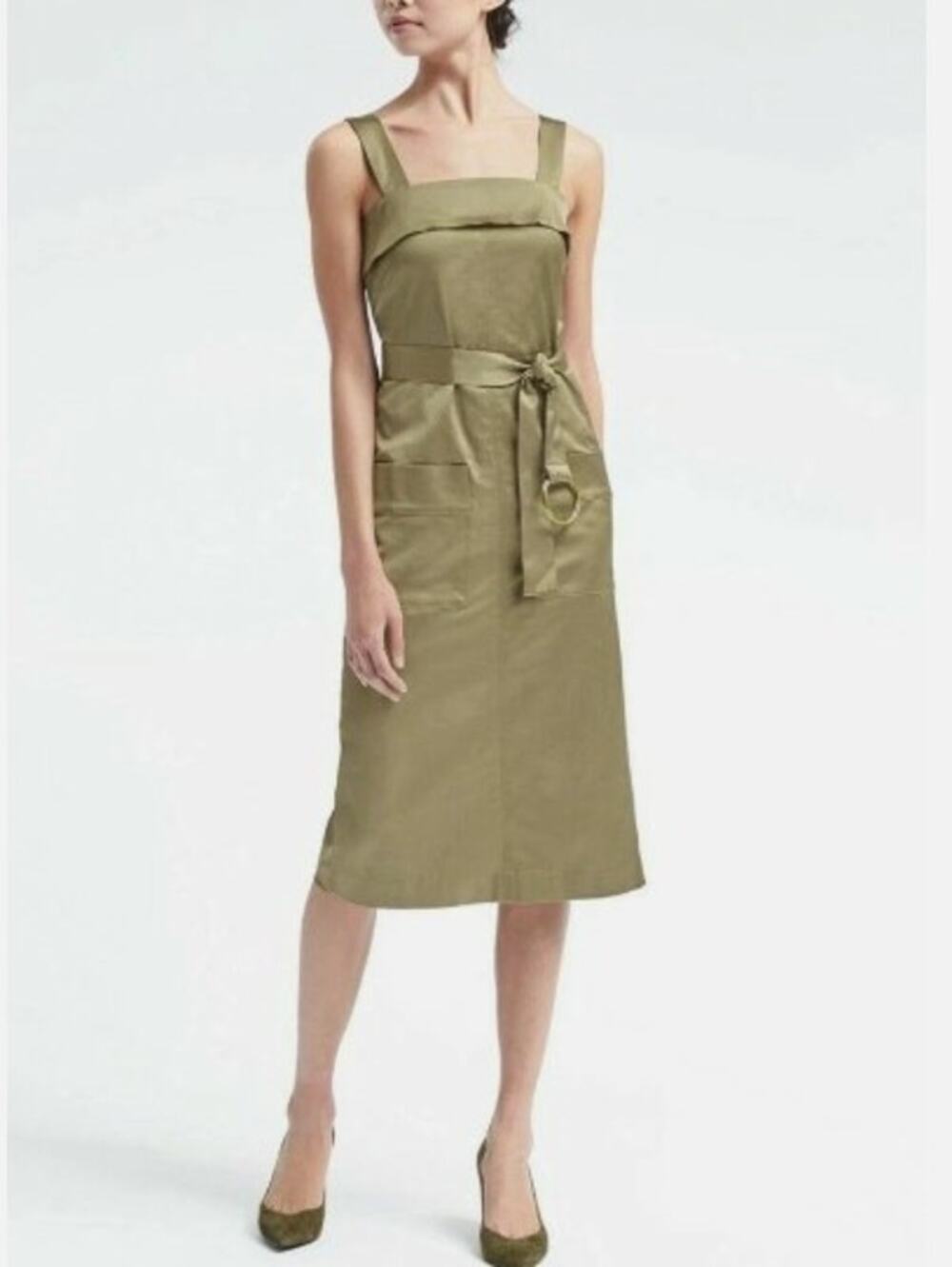 BANANA REPUBLIC VICUNA SQUAER NECK BELTED MIDI DRESS OLIVE 8